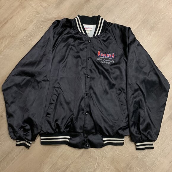 Vintage 90s Summit Racing Satin Bomber Jacket Men's XL Black 1993 Embroidered - Picture 2 of 11